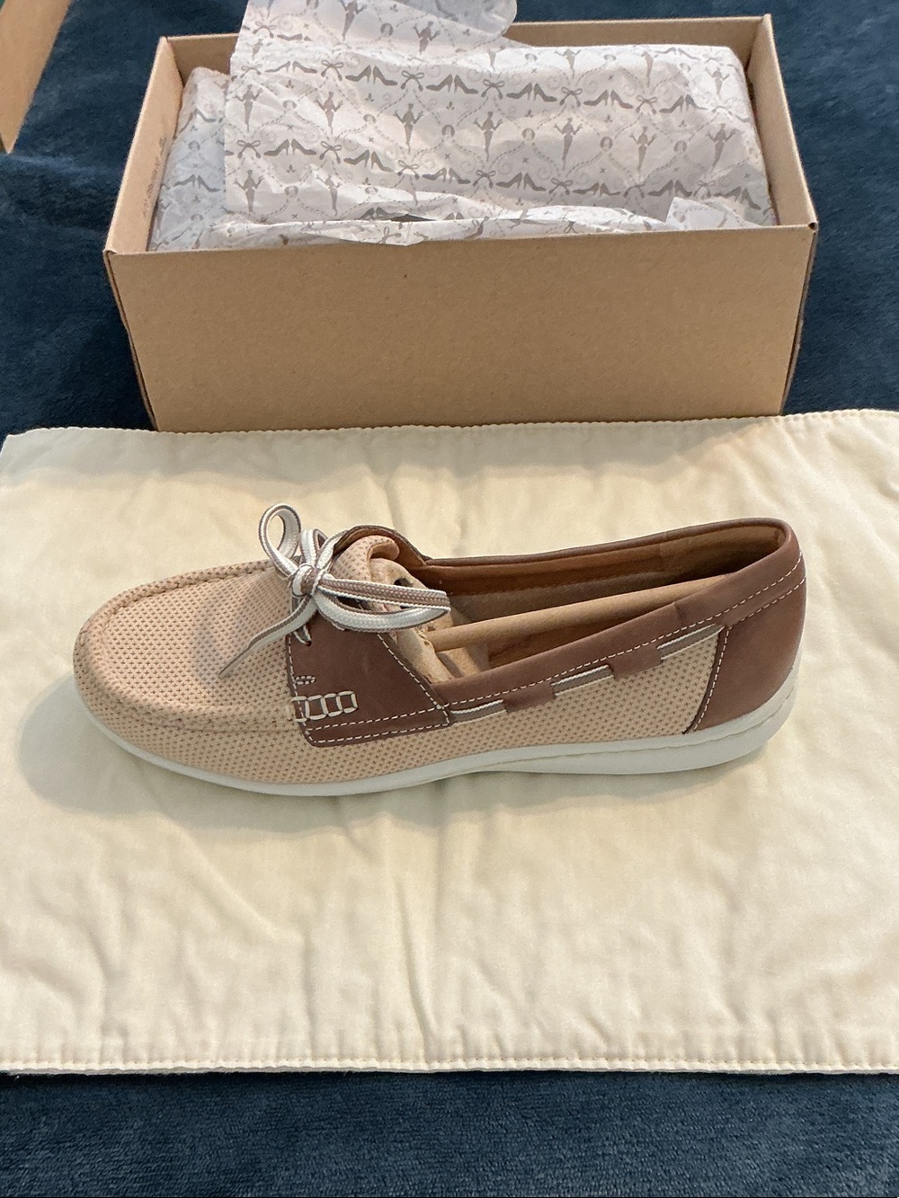 Clarks Beige and Brown Perforated Leather Tie-Top Loafer